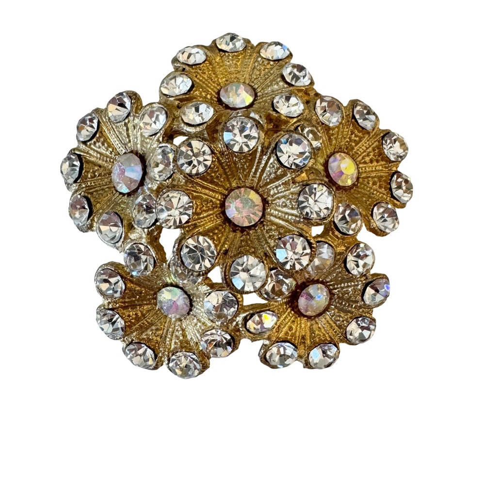 Vintage Gold Flower Brooch with Aurora Borealis Rhinestones, Sparkly, Retro Glam